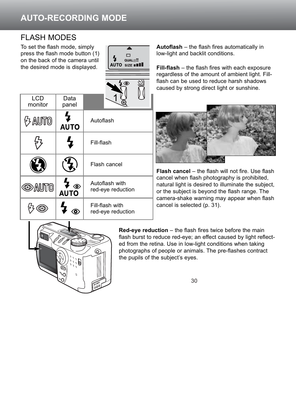Flash modes, Auto-recording mode | Konica Minolta S304 User Manual | Page 30 / 118