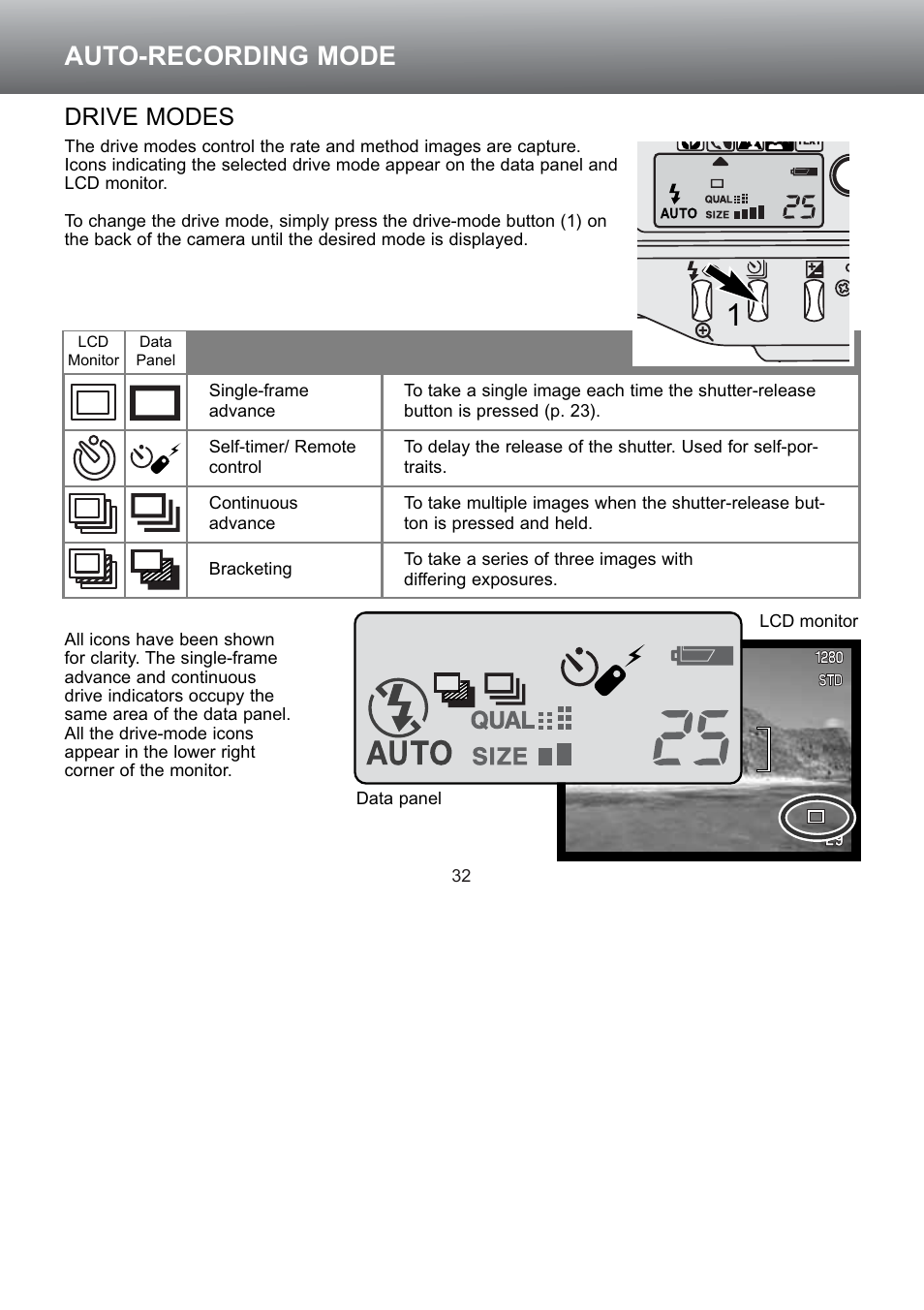 Drive modes, Auto-recording mode | Konica Minolta S304 User Manual | Page 32 / 118
