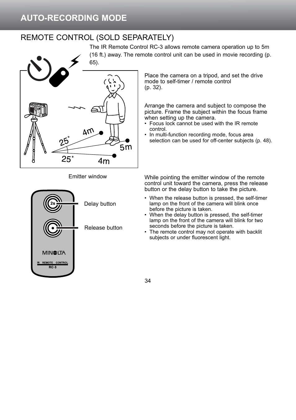 Remote control (sold separately), Auto-recording mode | Konica Minolta S304 User Manual | Page 34 / 118
