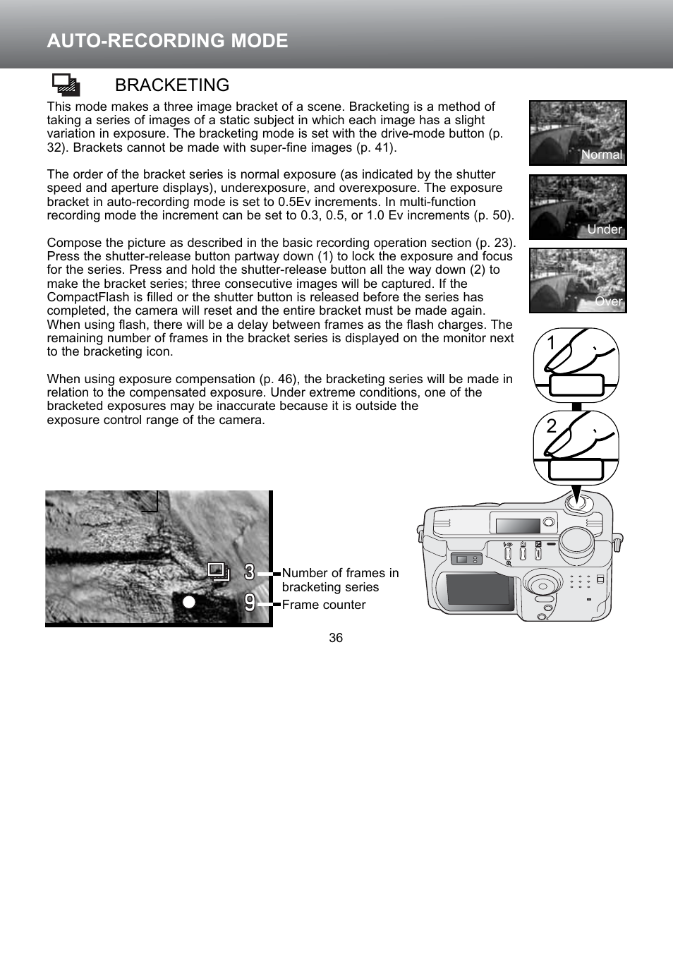 Bracketing, Auto-recording mode 1 2 | Konica Minolta S304 User Manual | Page 36 / 118