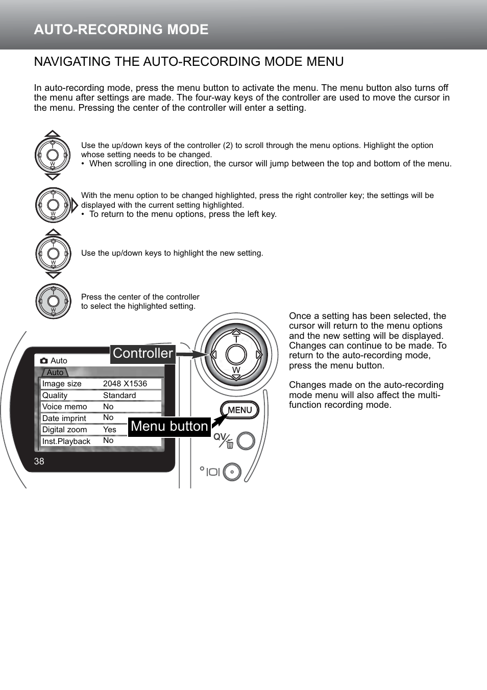Navigating the auto-recording mode menu, Auto-recording mode menu button controller | Konica Minolta S304 User Manual | Page 38 / 118