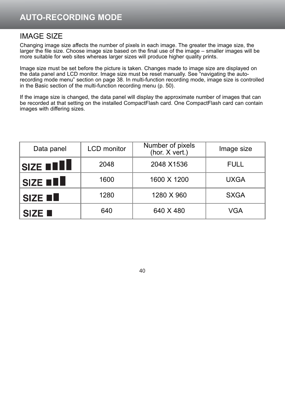 Image size, Auto-recording mode | Konica Minolta S304 User Manual | Page 40 / 118