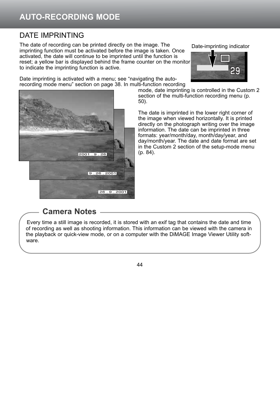 Date imprinting, Auto-recording mode | Konica Minolta S304 User Manual | Page 44 / 118