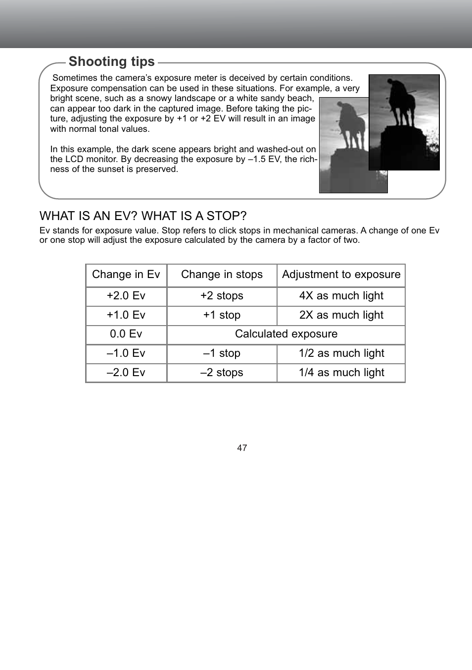 What is an ev? what is a stop, Shooting tips | Konica Minolta S304 User Manual | Page 47 / 118