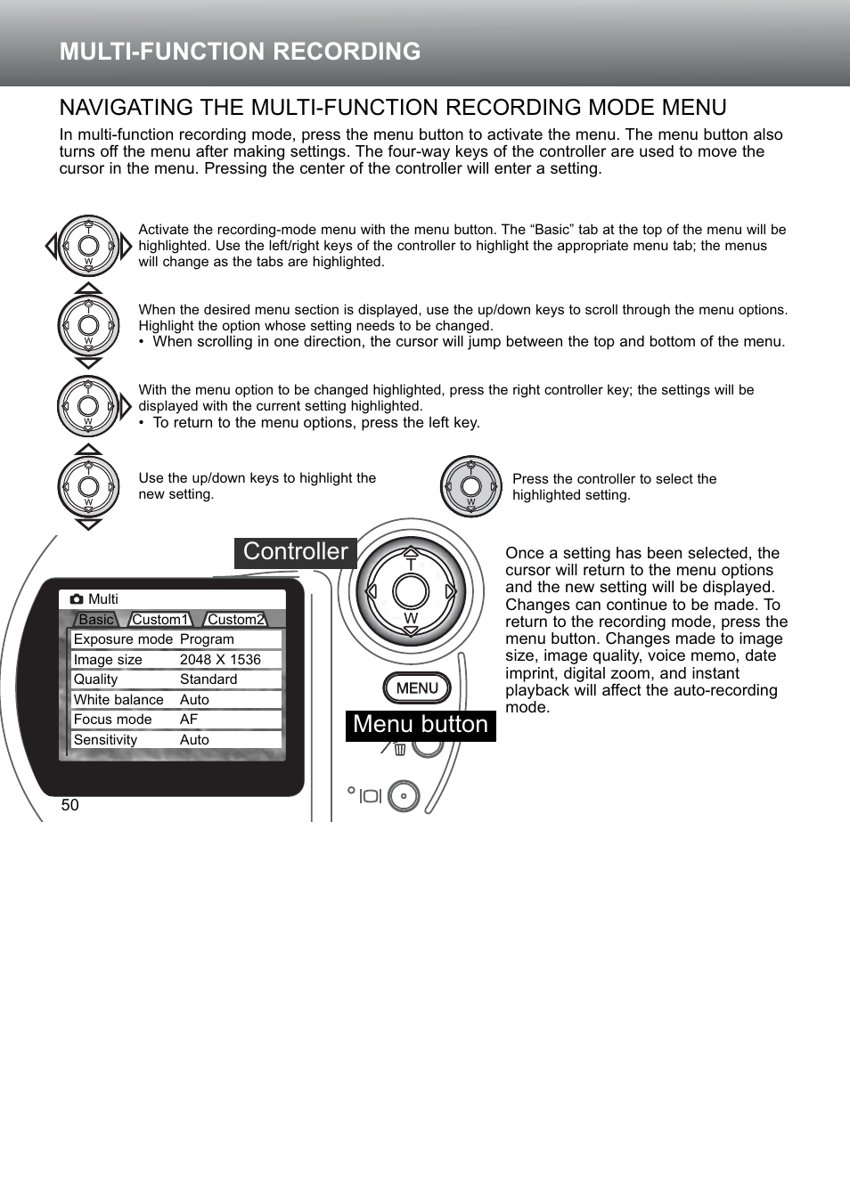 Navigating the multi-function recording mode menu, Menu button controller, Multi-function recording | Konica Minolta S304 User Manual | Page 50 / 118