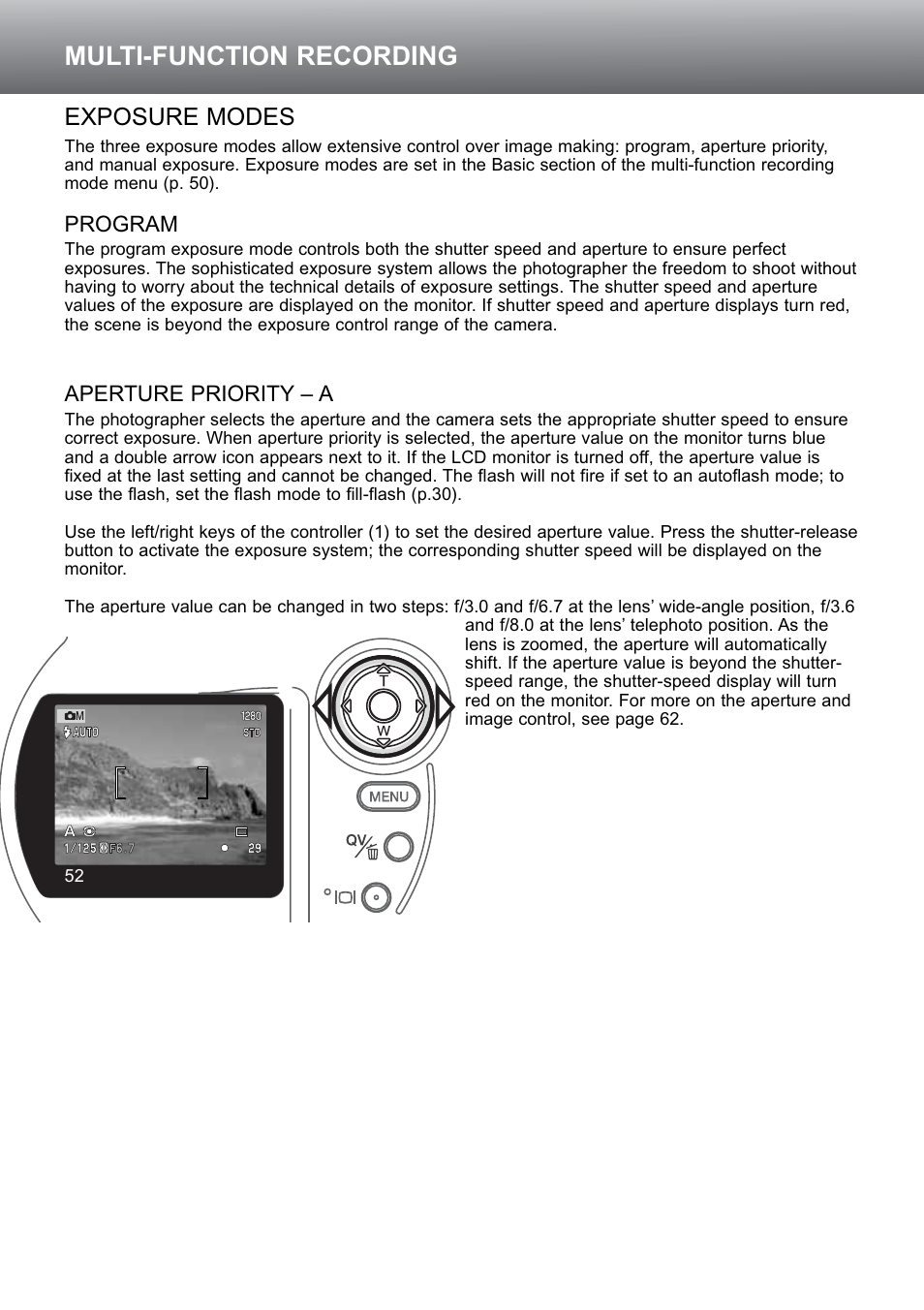 Exposure modes, Program aperture priority – a, Multi-function recording | Konica Minolta S304 User Manual | Page 52 / 118
