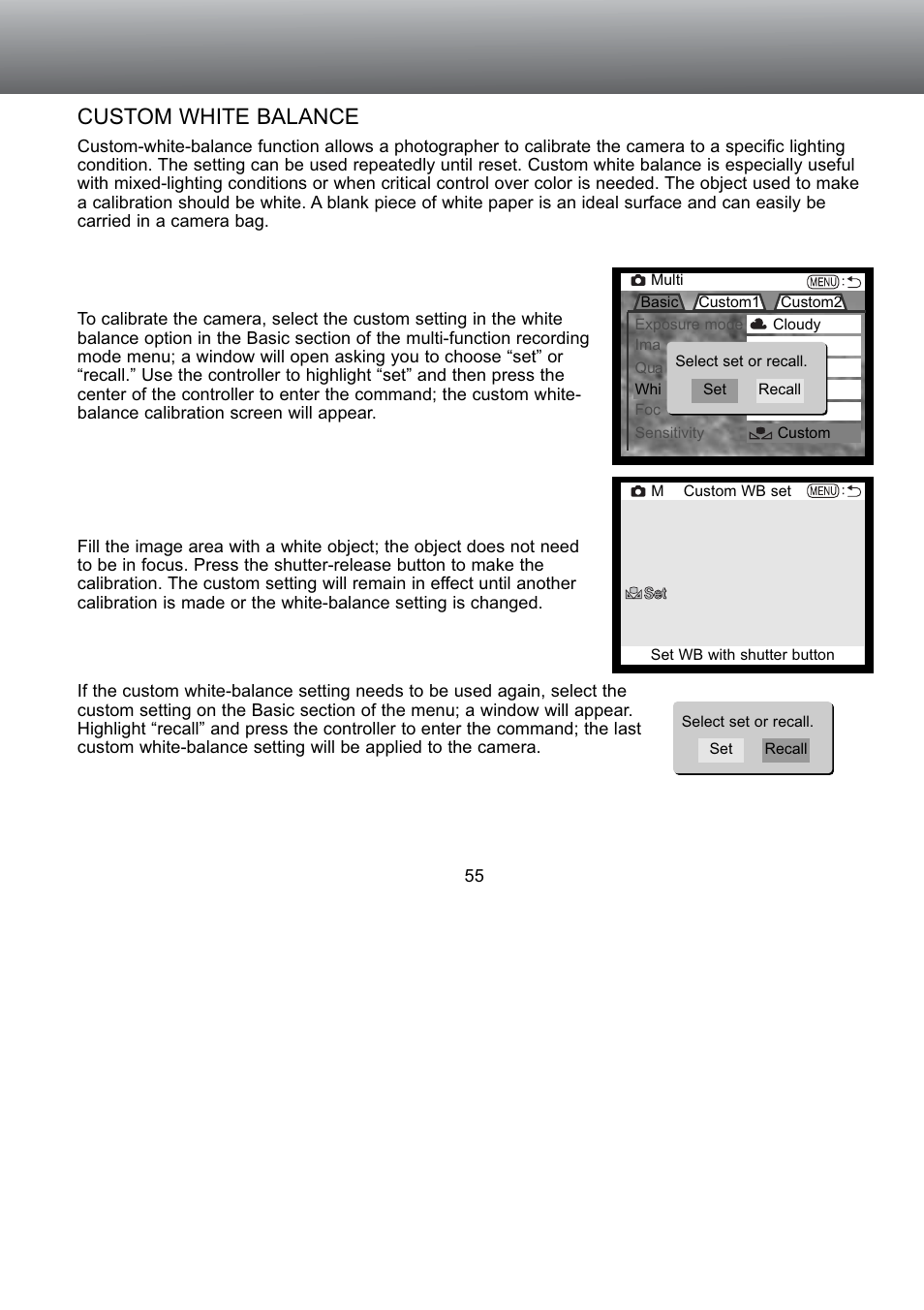 Custom white balance | Konica Minolta S304 User Manual | Page 55 / 118