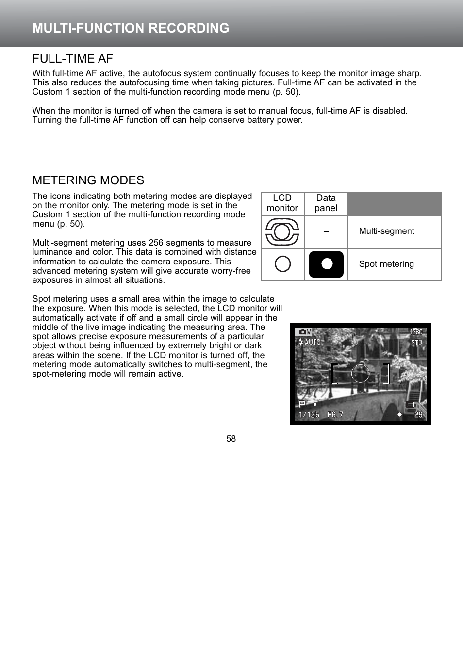 Full-time af metering modes, Multi-function recording, Metering modes | Full-time af | Konica Minolta S304 User Manual | Page 58 / 118