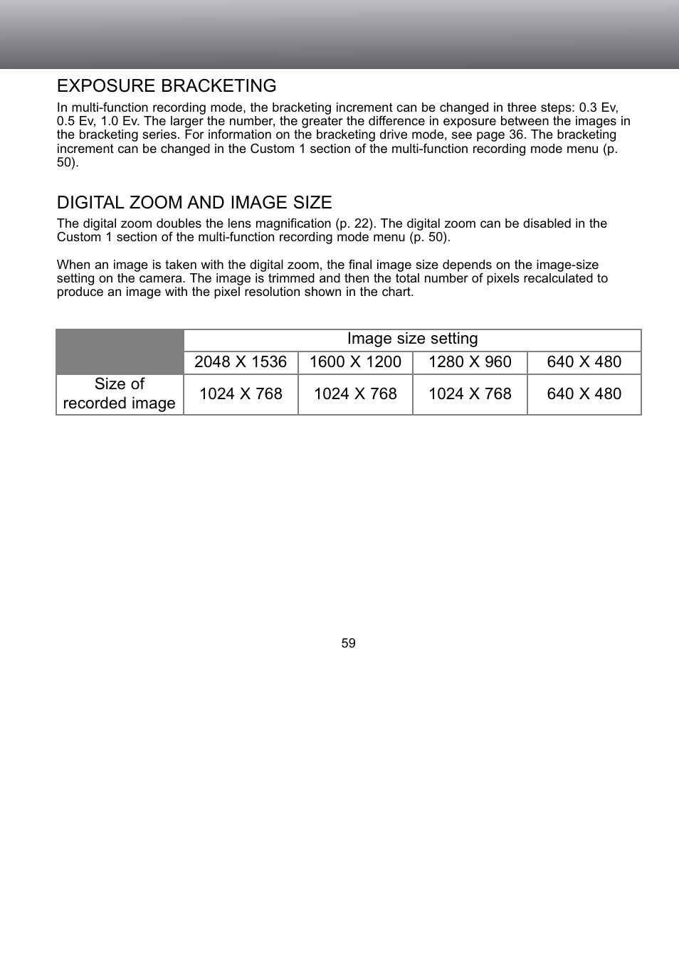 Exposure bracketing digital zoom and image size | Konica Minolta S304 User Manual | Page 59 / 118