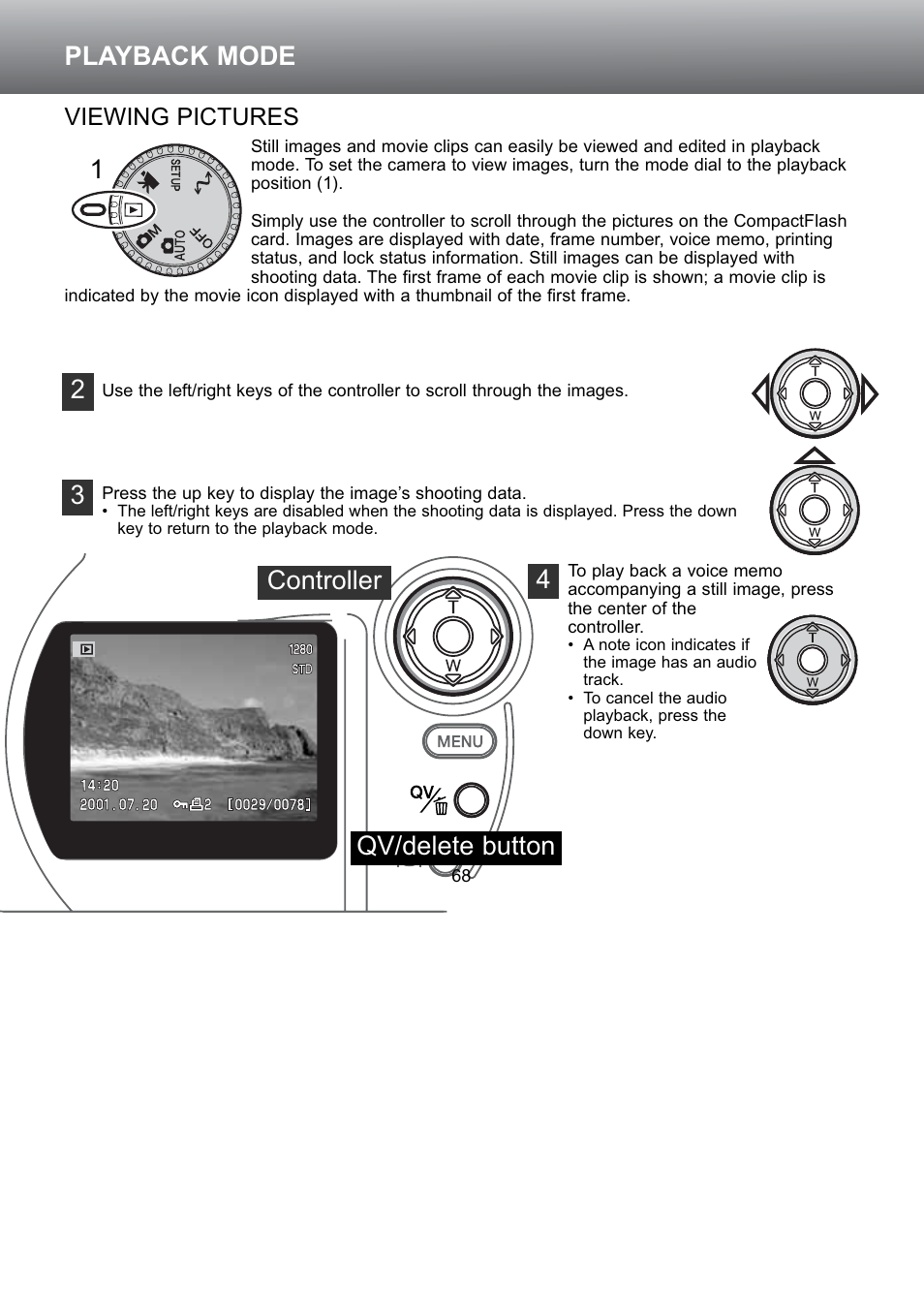 Viewing pictures, Qv/delete button 2, Playback mode 1 controller 4 | Konica Minolta S304 User Manual | Page 68 / 118