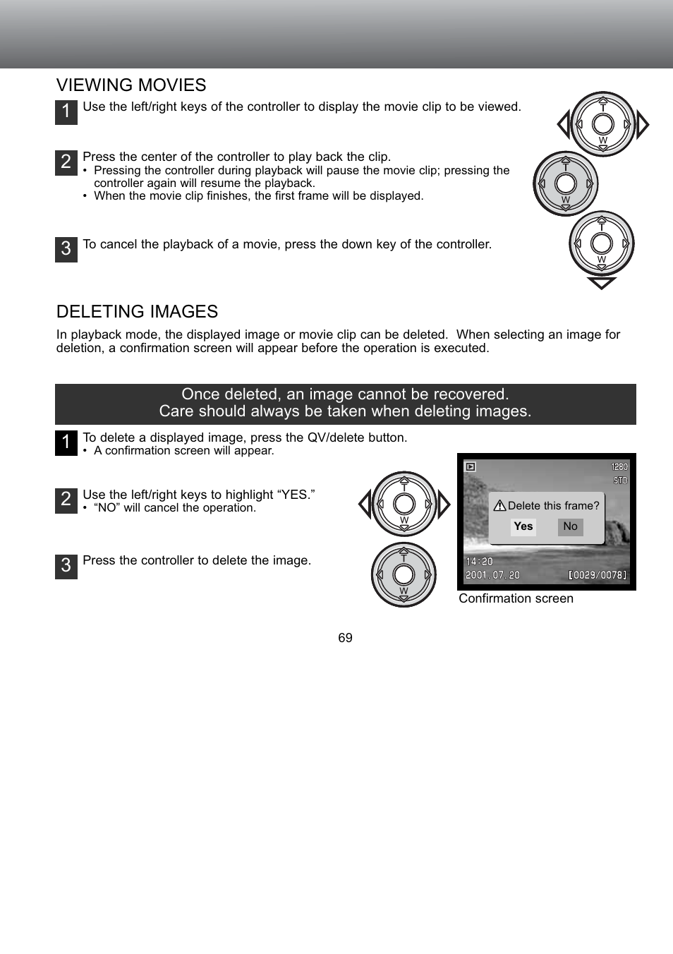 Viewing movies deleting images, Deleting images, Viewing movies | Konica Minolta S304 User Manual | Page 69 / 118
