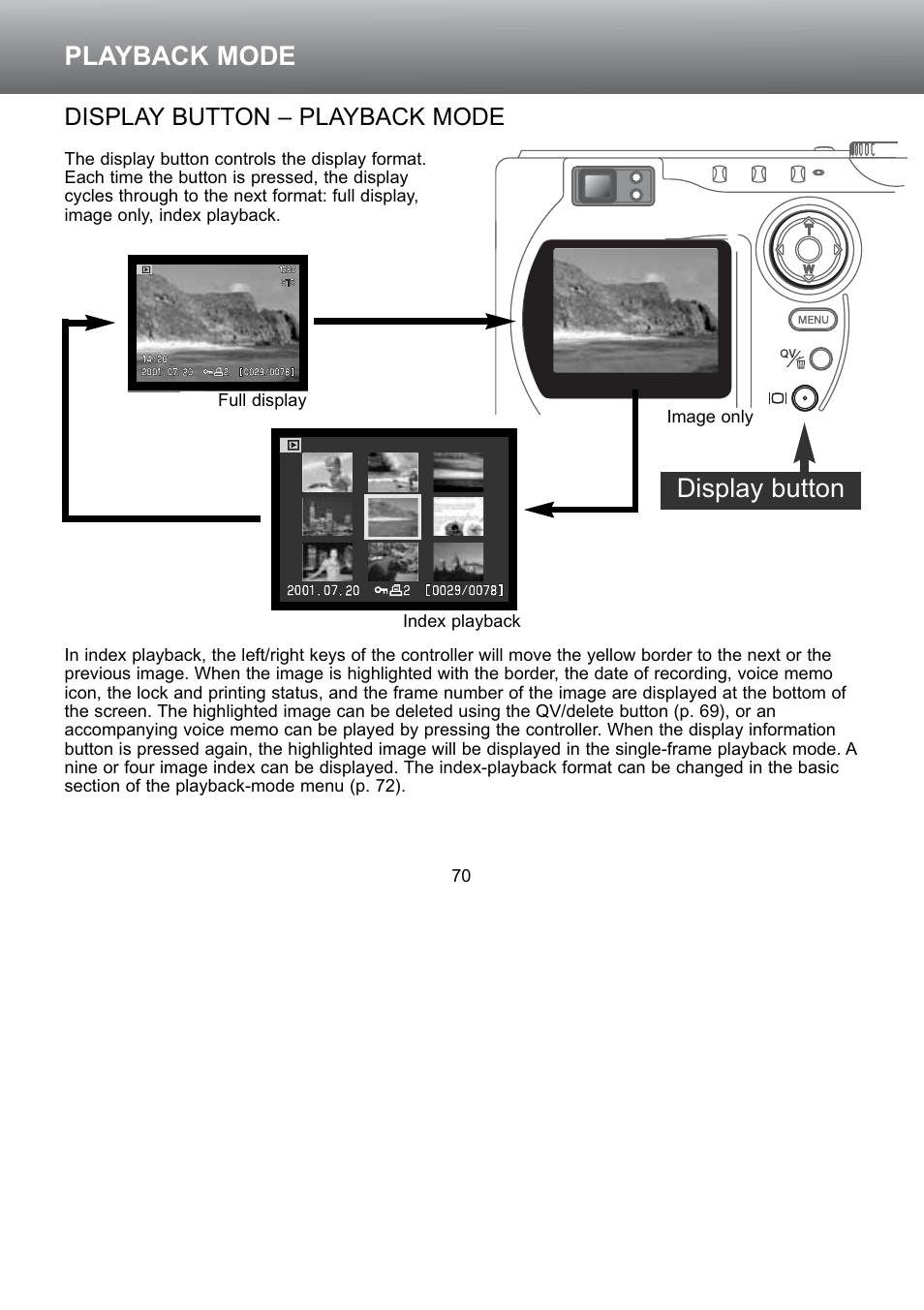 Display button – playback mode, Playback mode, Display button | Konica Minolta S304 User Manual | Page 70 / 118