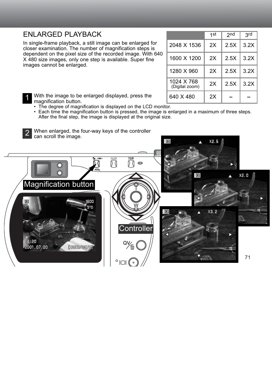 Enlarged playback, 12 controller, Magnification button | Konica Minolta S304 User Manual | Page 71 / 118