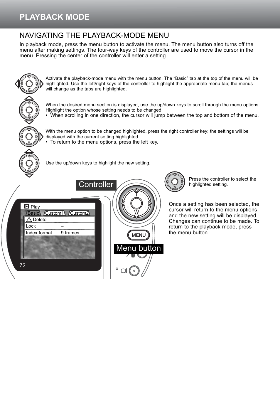 Navigating the playback-mode menu, Playback mode menu button controller | Konica Minolta S304 User Manual | Page 72 / 118