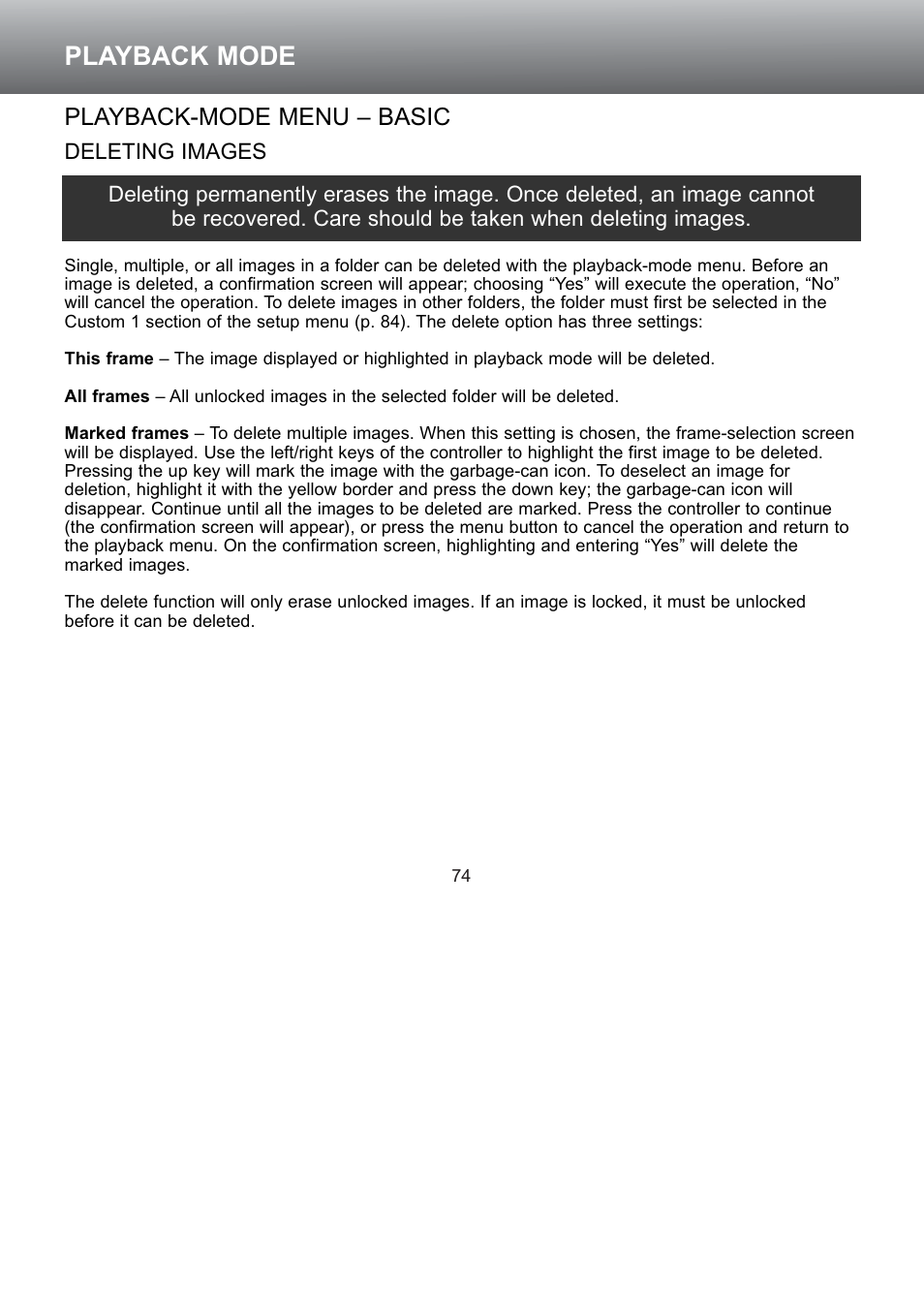 Playback-mode menu – basic, Deleting images, Playback mode | Konica Minolta S304 User Manual | Page 74 / 118