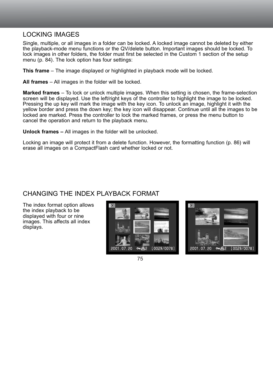 Locking images changing the index playback format | Konica Minolta S304 User Manual | Page 75 / 118