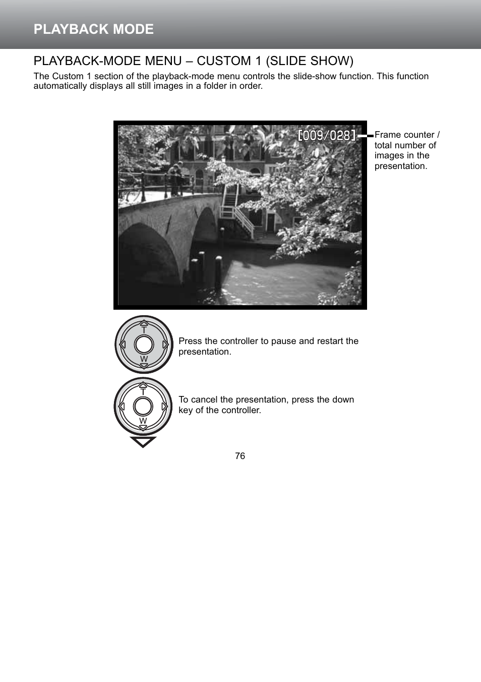 Playback-mode menu – custom 1 (slide show), Playback mode | Konica Minolta S304 User Manual | Page 76 / 118