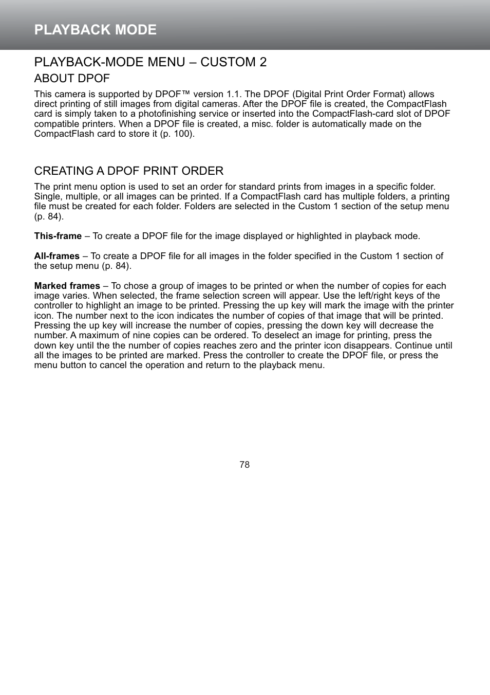 Playback-mode menu – custom 2, About dpof creating a dpof print order, Playback mode | Konica Minolta S304 User Manual | Page 78 / 118