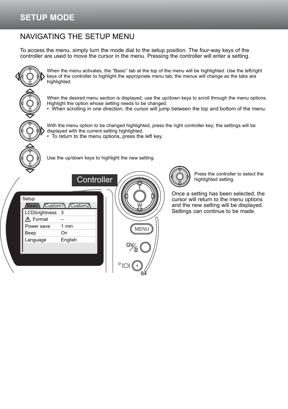 Navigating the setup menu, Setup mode controller | Konica Minolta S304 User Manual | Page 84 / 118
