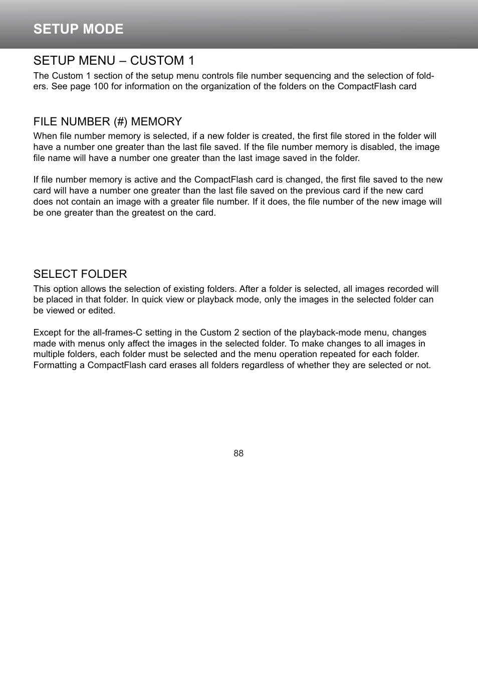 Setup menu – custom 1, File number memory select folder, Setup mode | Konica Minolta S304 User Manual | Page 88 / 118