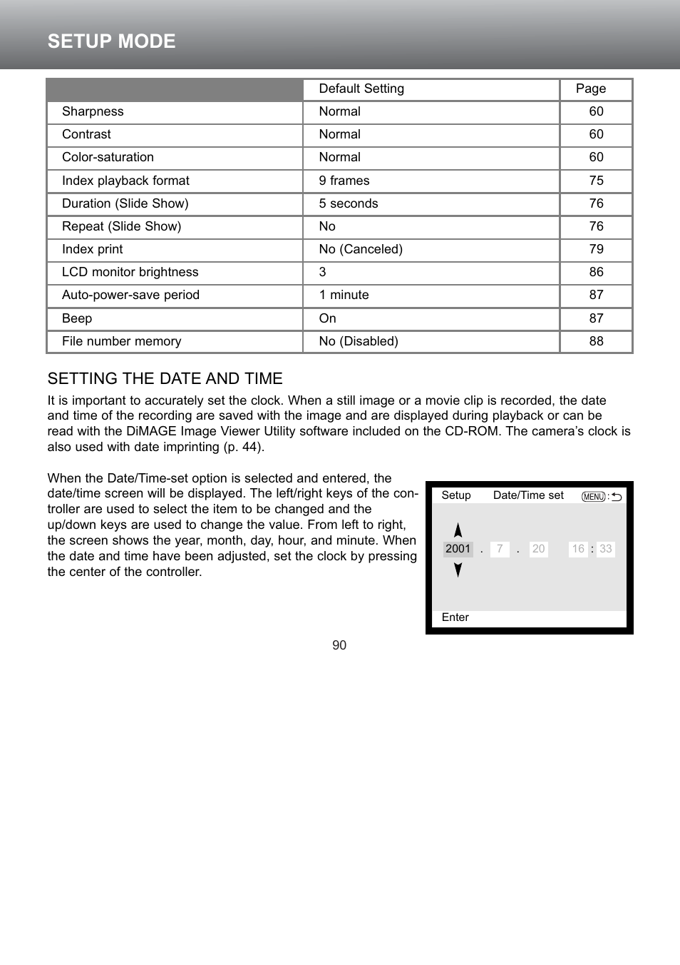 Setting the date and time, Setup mode | Konica Minolta S304 User Manual | Page 90 / 118