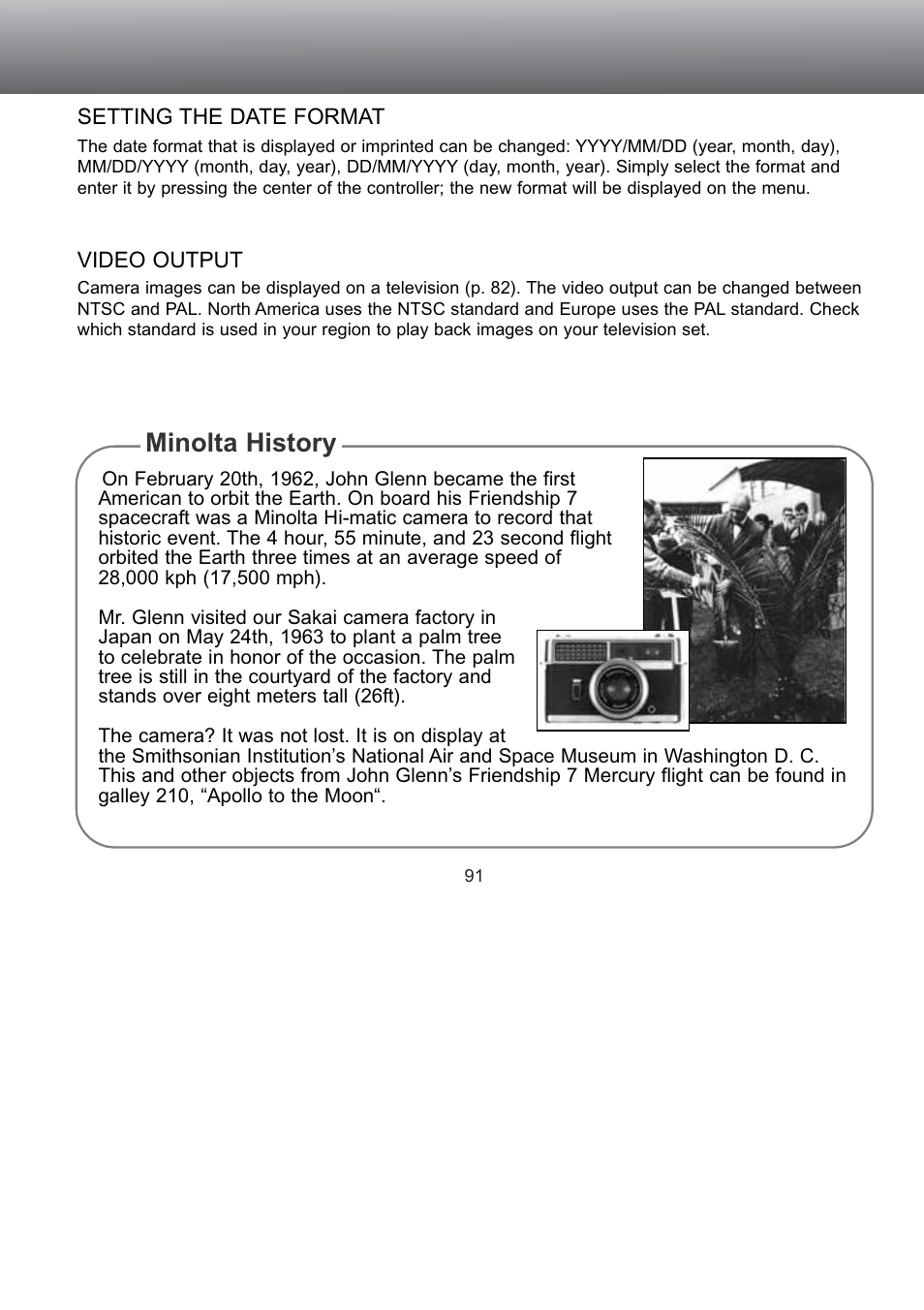 Setting the date format video output, Minolta history | Konica Minolta S304 User Manual | Page 91 / 118