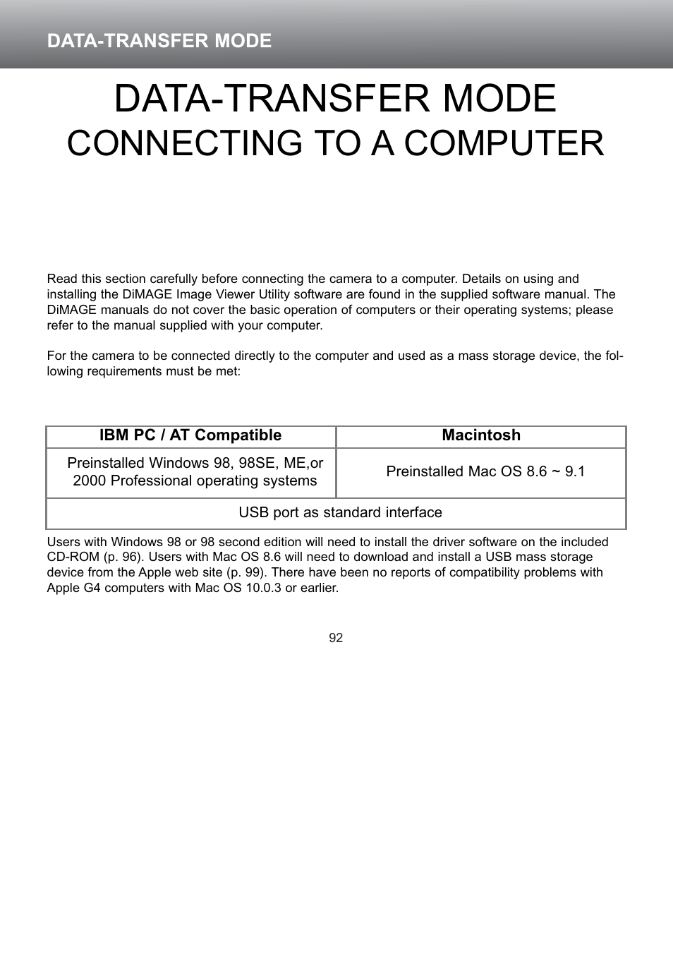 Data-transfer mode – connecting to a computer, Data-transfer mode, Connecting to a computer | Konica Minolta S304 User Manual | Page 92 / 118