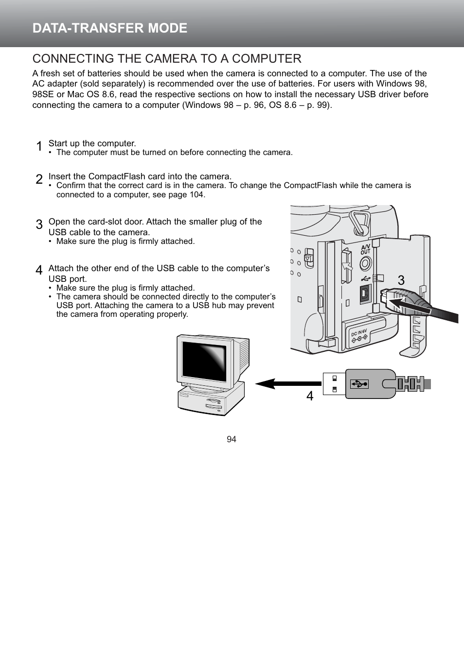 Connecting the camera to a computer, Data-transfer mode | Konica Minolta S304 User Manual | Page 94 / 118