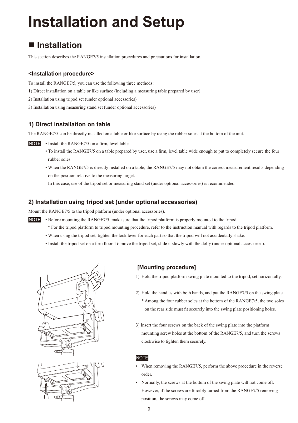 Installation and setup, N installation, 1) direct installation on table | Ninstallation | Konica Minolta Non-Contact 3D Digitizer Range7 User Manual | Page 11 / 26