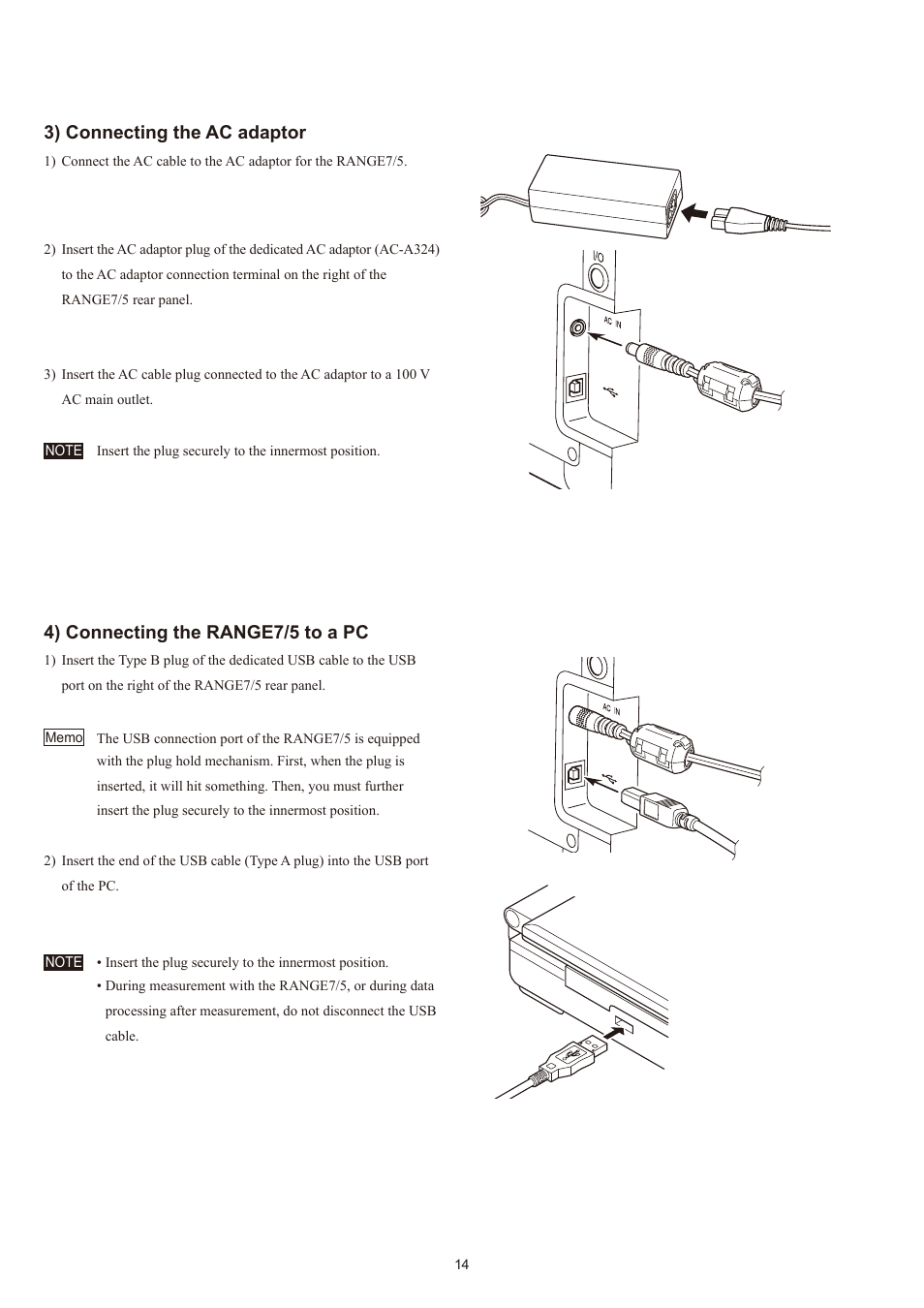 3) connecting the ac adaptor, 4) connecting the range7/5 to a pc | Konica Minolta Non-Contact 3D Digitizer Range7 User Manual | Page 16 / 26