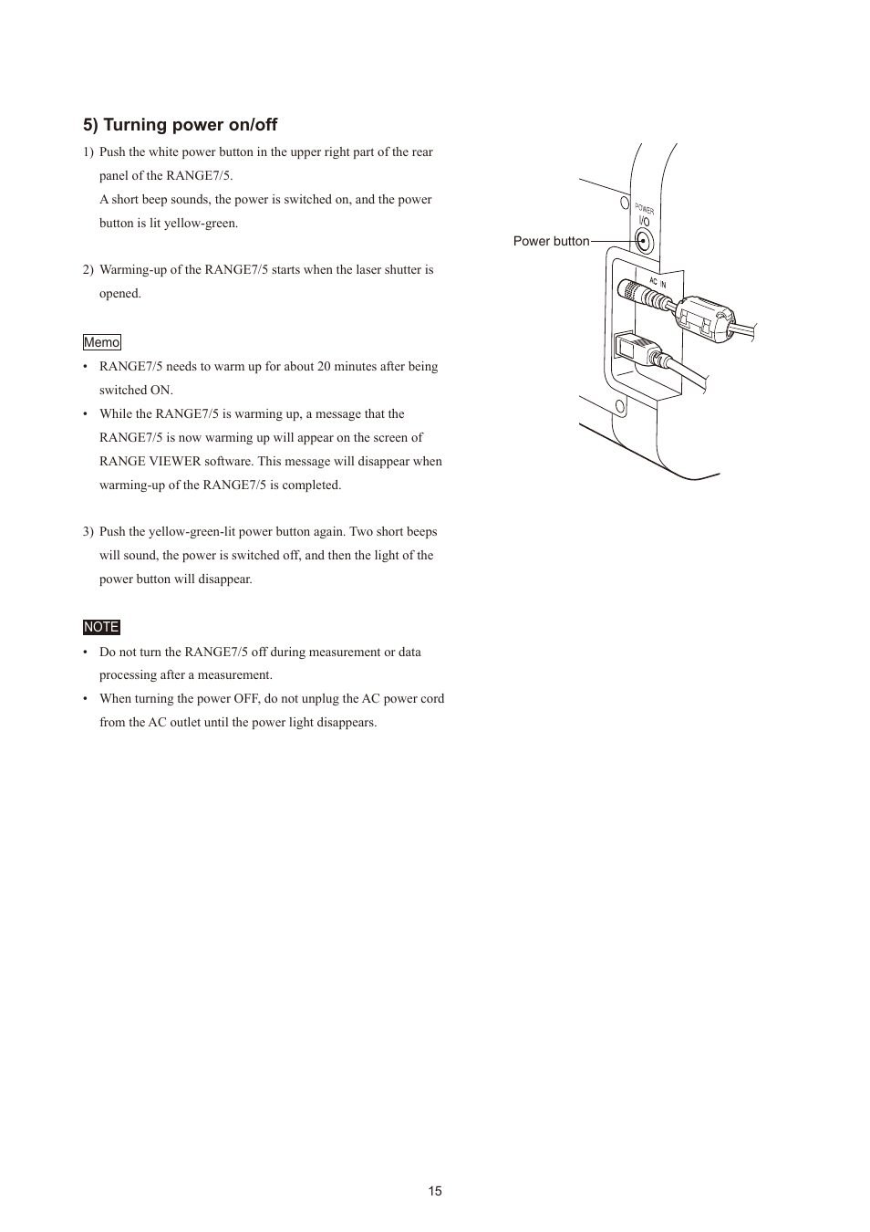 5) turning power on/off | Konica Minolta Non-Contact 3D Digitizer Range7 User Manual | Page 17 / 26