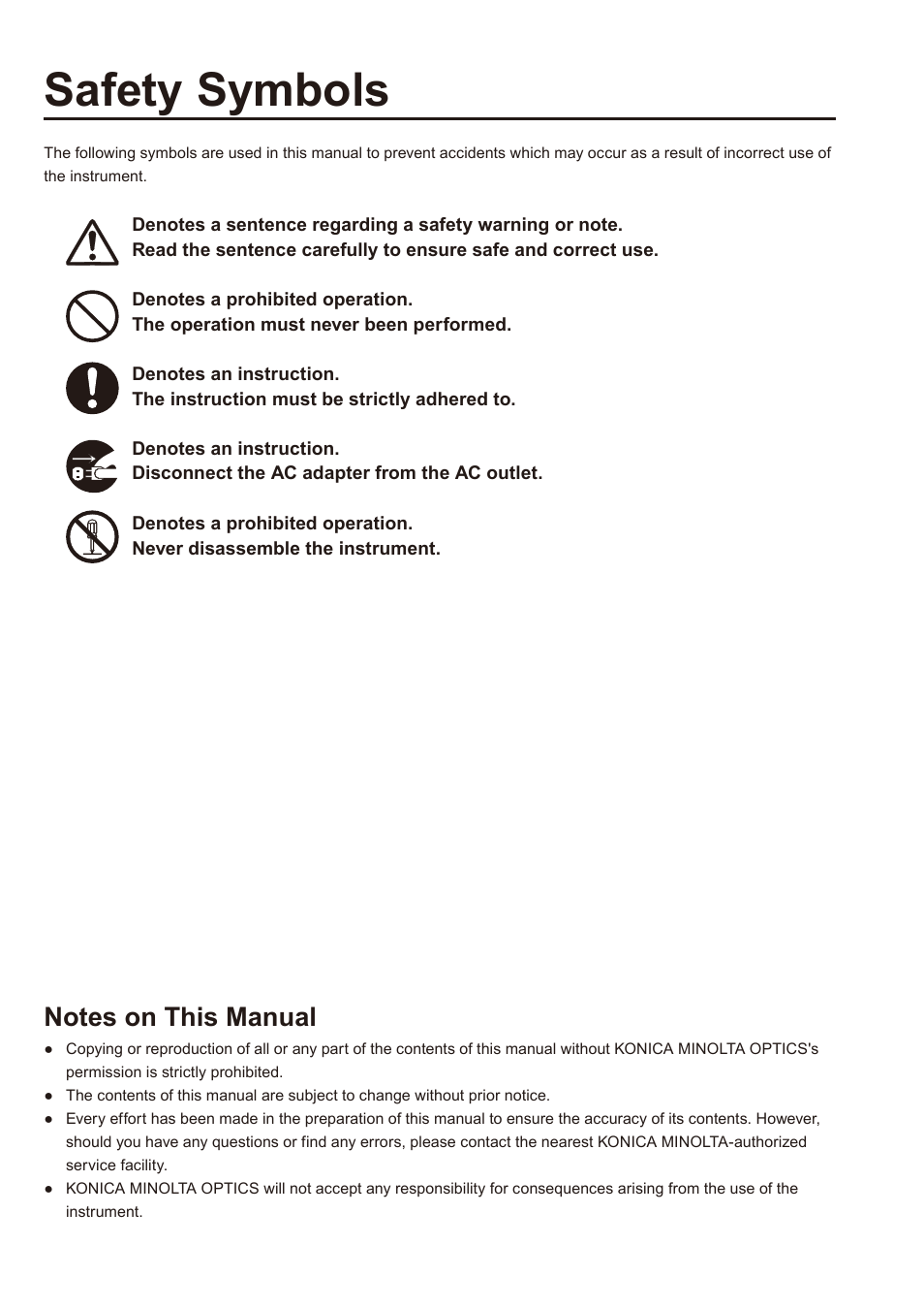 Safety symbols, Notes on this manual | Konica Minolta Non-Contact 3D Digitizer Range7 User Manual | Page 2 / 26