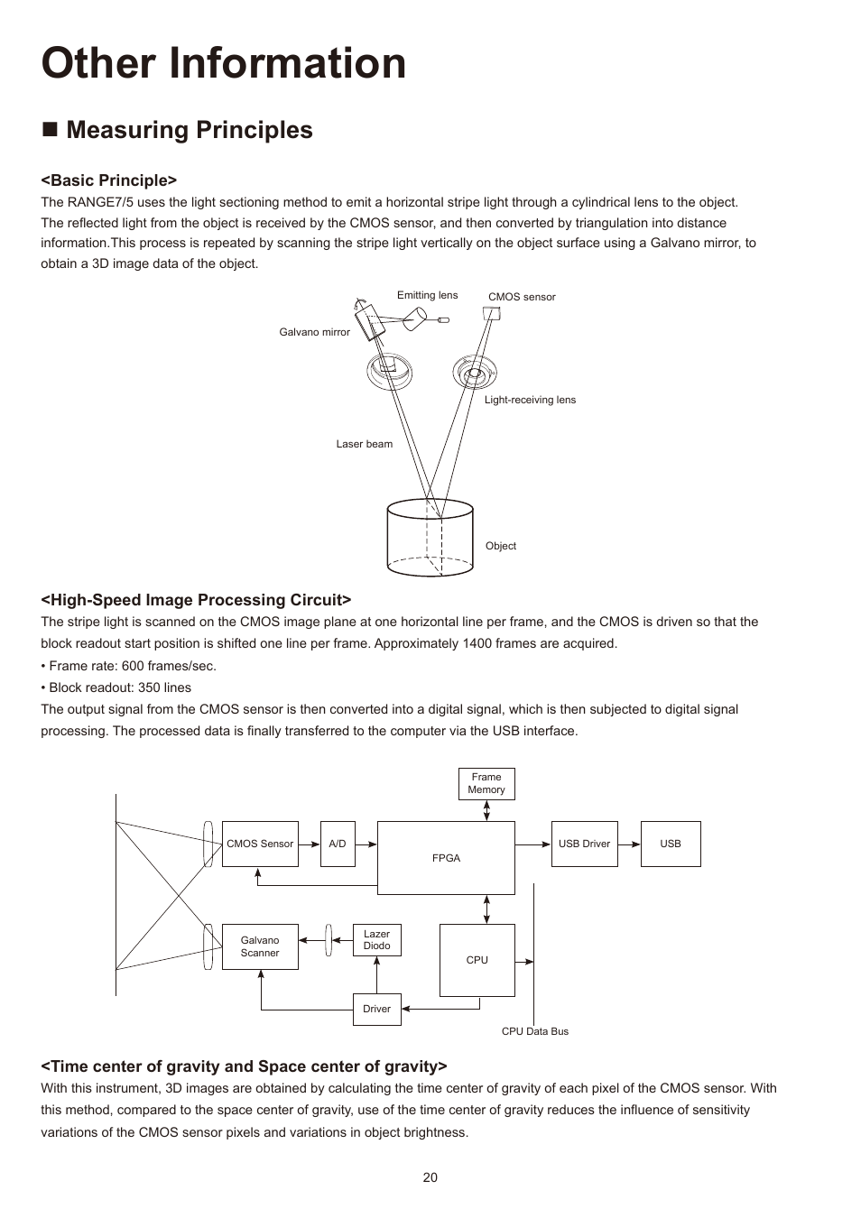 Other information, N measuring principles, Nmeasuring principles | Basic principle, High-speed image processing circuit, Time center of gravity and space center of gravity | Konica Minolta Non-Contact 3D Digitizer Range7 User Manual | Page 22 / 26