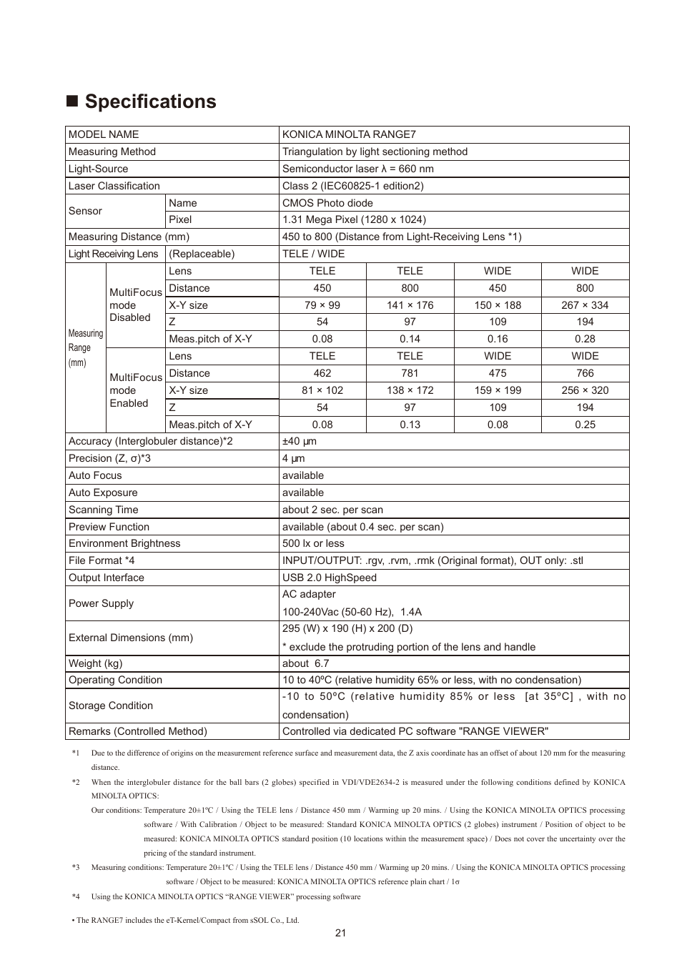 N specifications, Nspecifications | Konica Minolta Non-Contact 3D Digitizer Range7 User Manual | Page 23 / 26