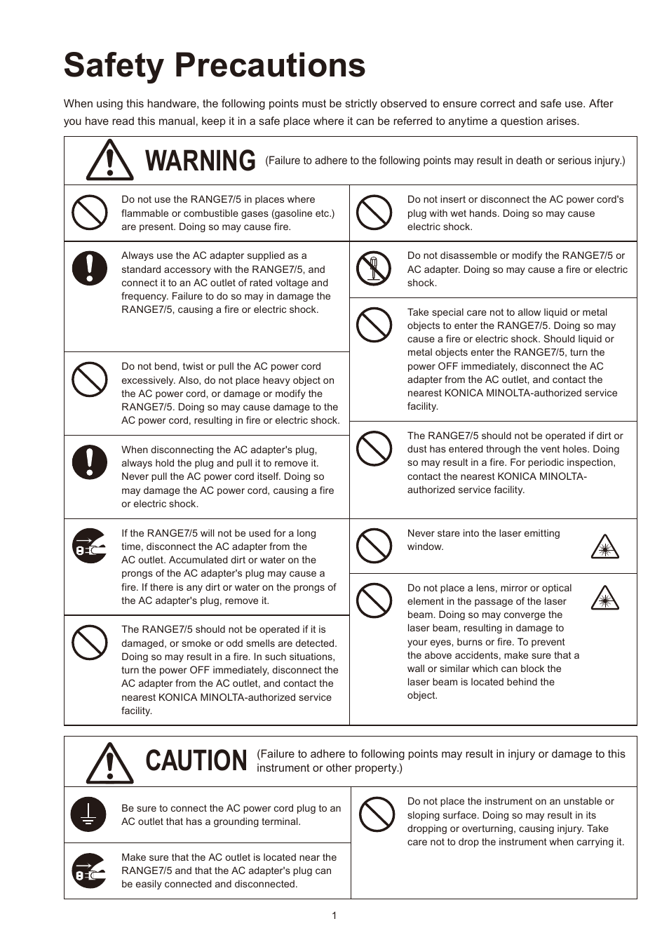 Safety precautions, Warning, Caution | Konica Minolta Non-Contact 3D Digitizer Range7 User Manual | Page 3 / 26