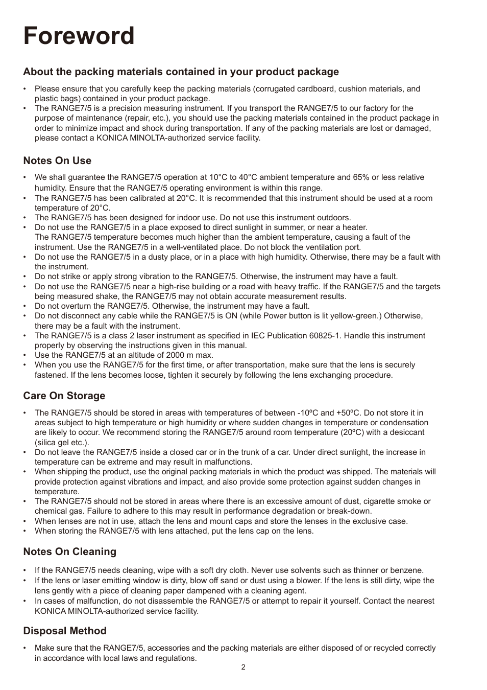 Foreword, Notes on use, Care on storage | Notes on cleaning, Disposal method | Konica Minolta Non-Contact 3D Digitizer Range7 User Manual | Page 4 / 26