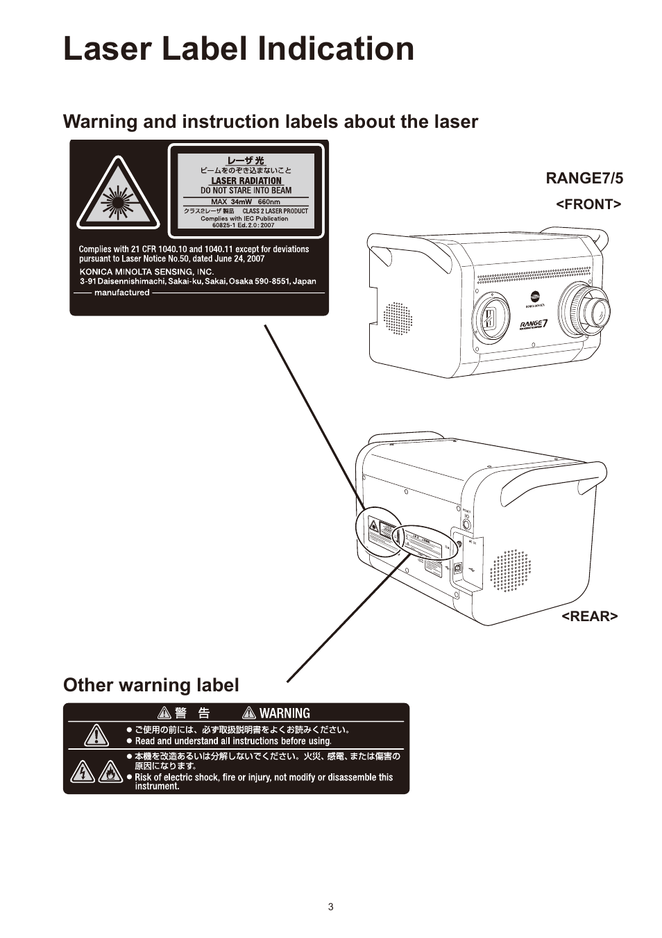 Laser label indication, Warning and instruction labels about the laser, Other warning label | Konica Minolta Non-Contact 3D Digitizer Range7 User Manual | Page 5 / 26