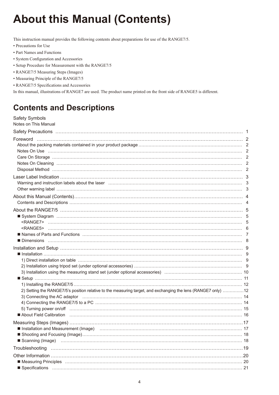 About this manual (contents), Contents and descriptions | Konica Minolta Non-Contact 3D Digitizer Range7 User Manual | Page 6 / 26