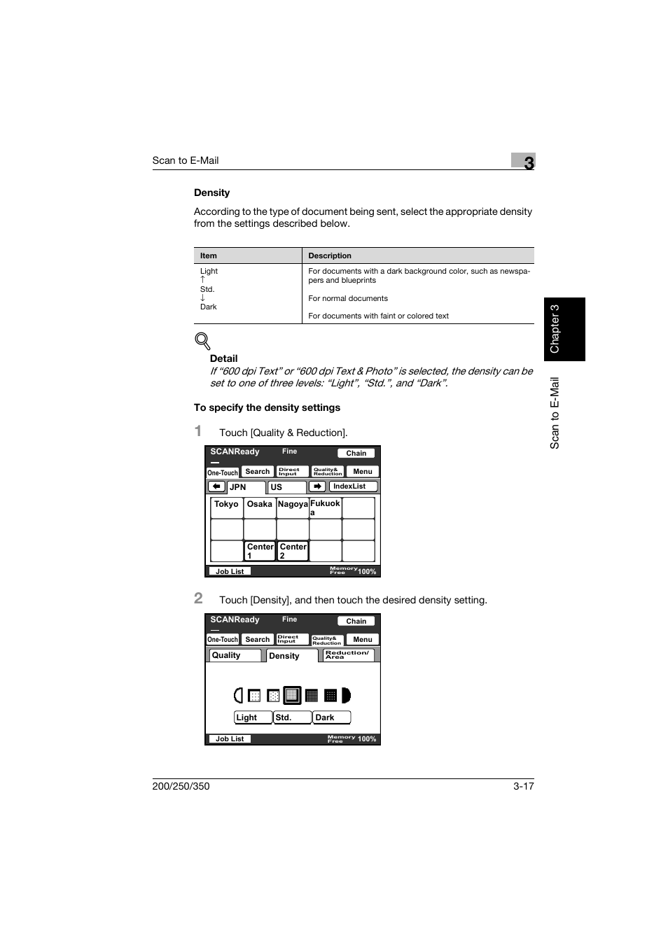 Density, To specify the density settings, Density -17 to specify the density settings -17 | Konica Minolta BP-200 User Manual | Page 110 / 468