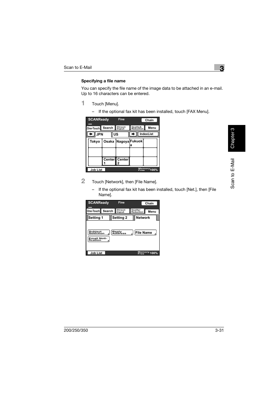 Specifying a file name, Specifying a file name -31, Sc an to e -mai l chap ter 3 | Konica Minolta BP-200 User Manual | Page 124 / 468