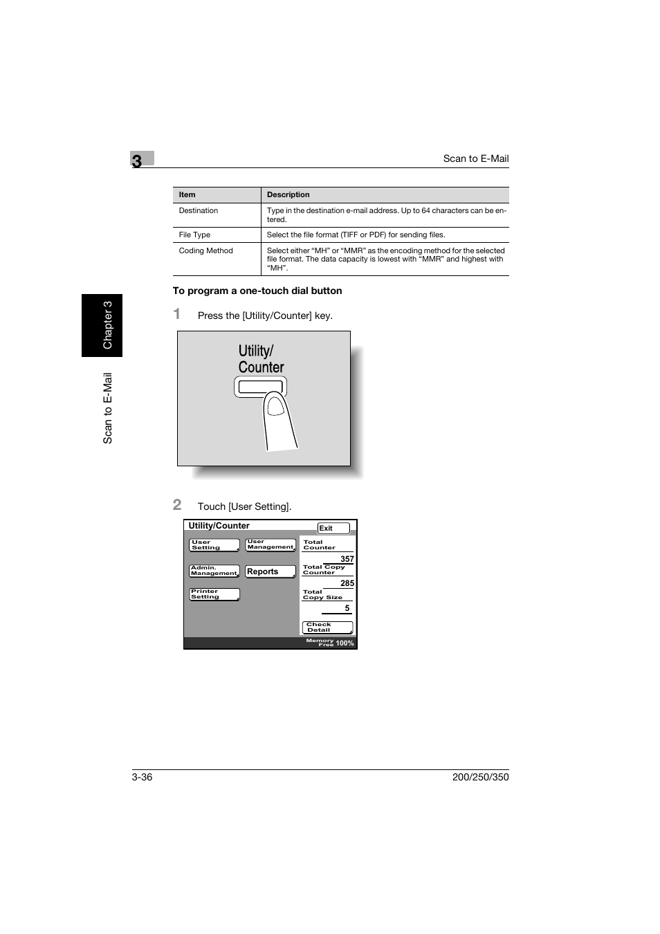 To program a one-touch dial button, To program a one-touch dial button -36, Utility/ counter | Sc an to e -mai l chap ter 3 | Konica Minolta BP-200 User Manual | Page 129 / 468