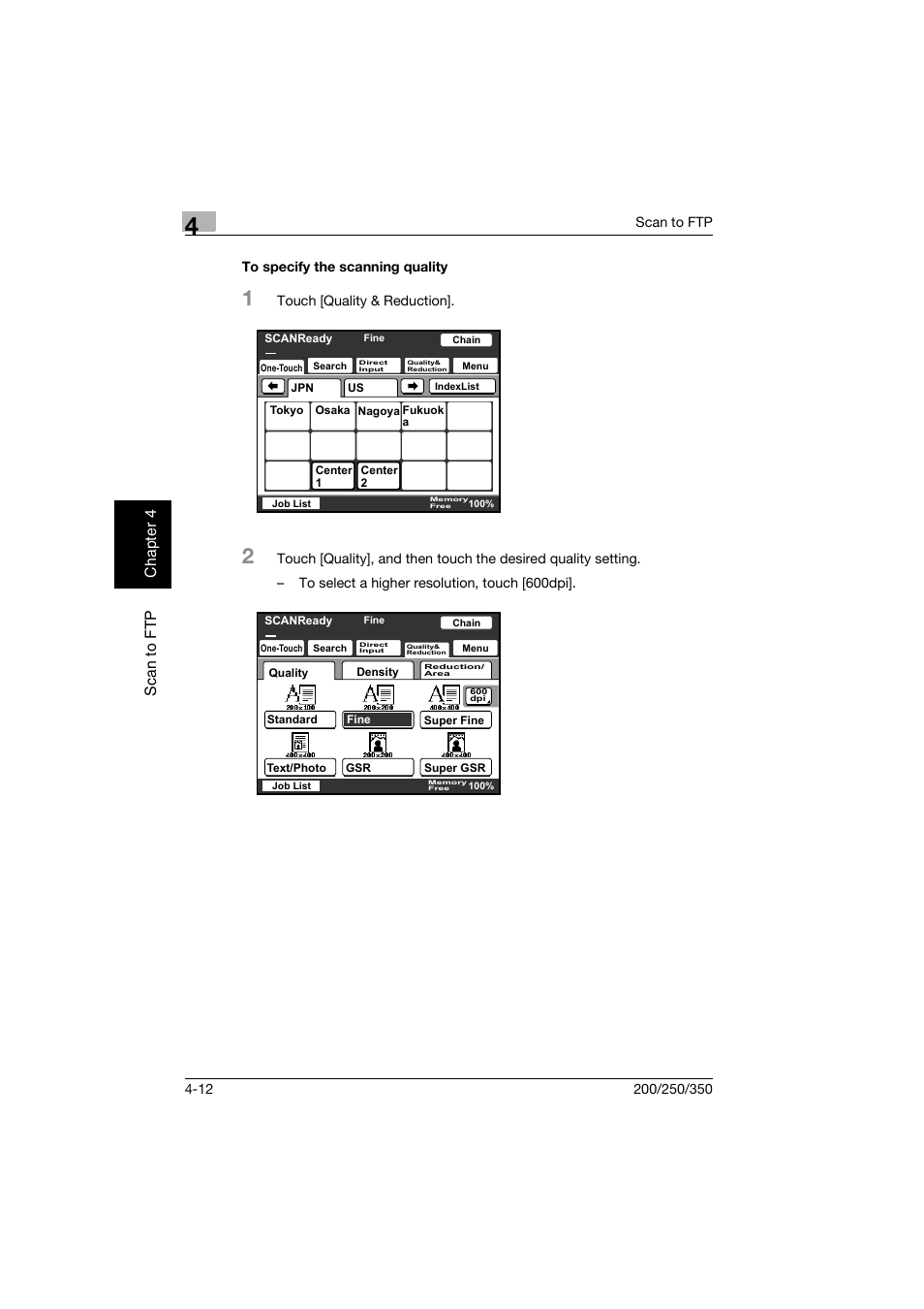 To specify the scanning quality, To specify the scanning quality -12, Sc an to ftp ch apte r 4 | Konica Minolta BP-200 User Manual | Page 159 / 468