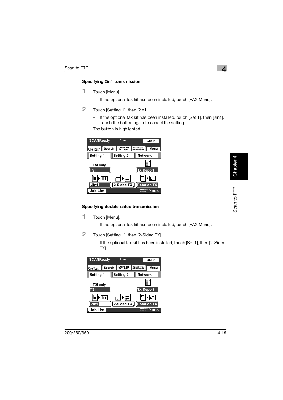 Specifying 2in1 transmission, Specifying double-sided transmission | Konica Minolta BP-200 User Manual | Page 166 / 468