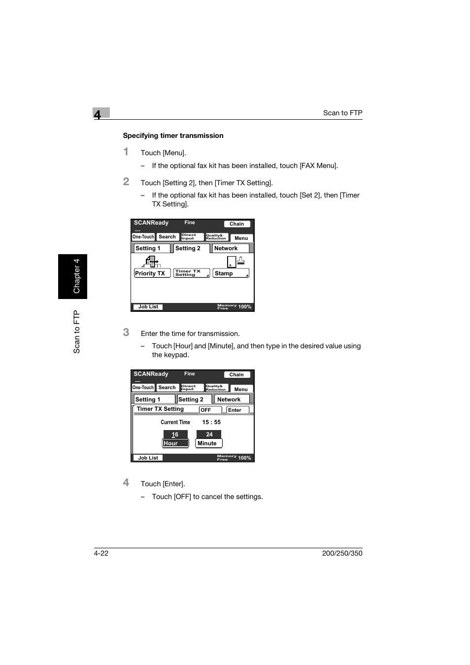 Specifying timer transmission, Specifying timer transmission -22 | Konica Minolta BP-200 User Manual | Page 169 / 468