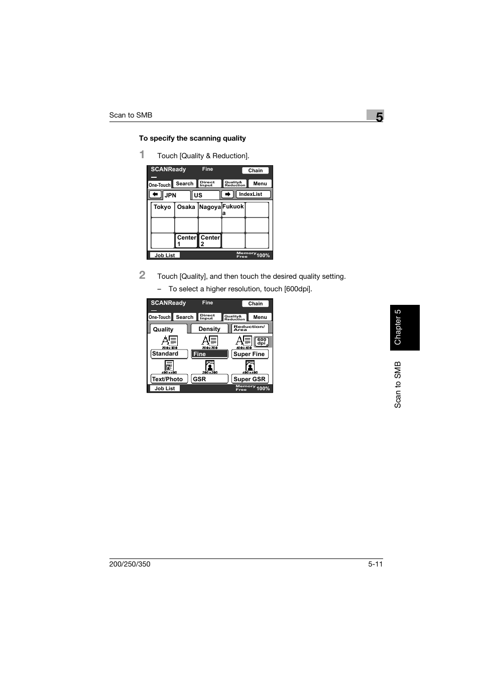 To specify the scanning quality, To specify the scanning quality -11, Sc a n to sm b cha p ter 5 | Konica Minolta BP-200 User Manual | Page 196 / 468