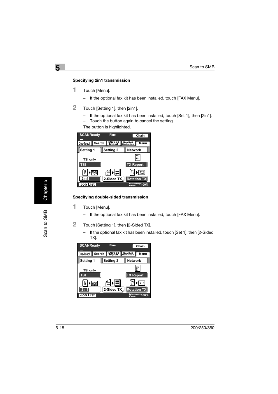 Specifying 2in1 transmission, Specifying double-sided transmission | Konica Minolta BP-200 User Manual | Page 203 / 468