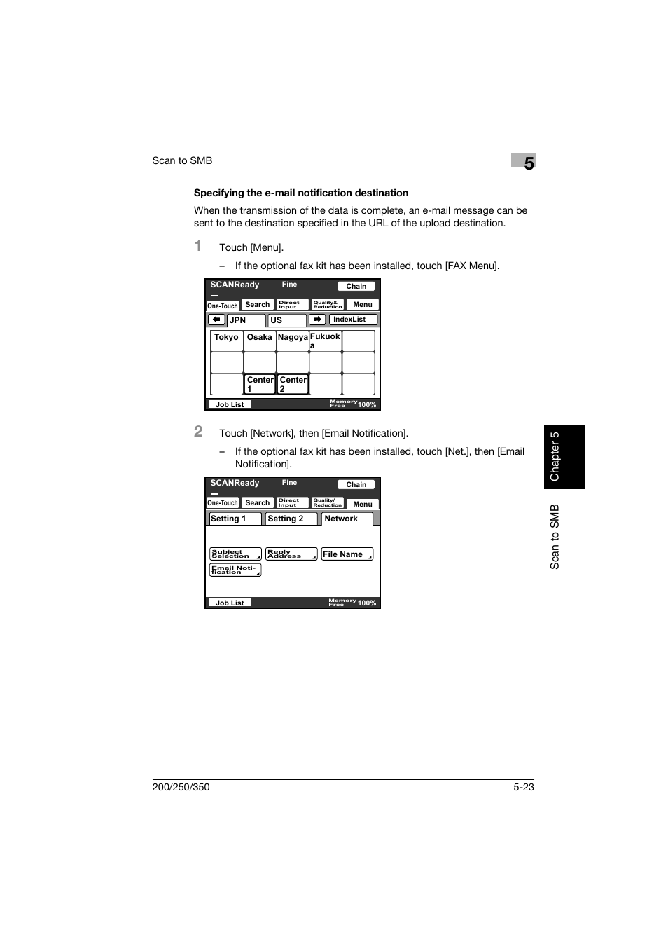 Specifying the e-mail notification destination, Specifying the e-mail notification destination -23, Sc a n to sm b cha p ter 5 | Konica Minolta BP-200 User Manual | Page 208 / 468