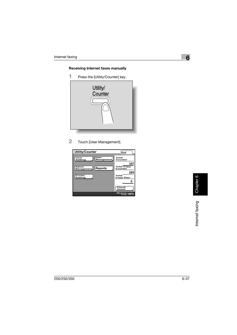 Receiving internet faxes manually, Receiving internet faxes manually -37, Utility/ counter | Konica Minolta BP-200 User Manual | Page 258 / 468