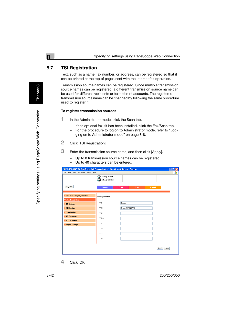 7 tsi registration, To register transmission sources, Tsi registration -42 | To register transmission sources -42 | Konica Minolta BP-200 User Manual | Page 321 / 468