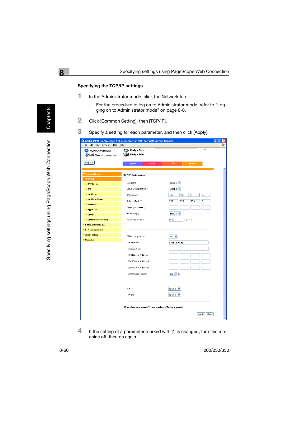 Specifying the tcp/ip settings, Specifying the tcp/ip settings -60 | Konica Minolta BP-200 User Manual | Page 339 / 468